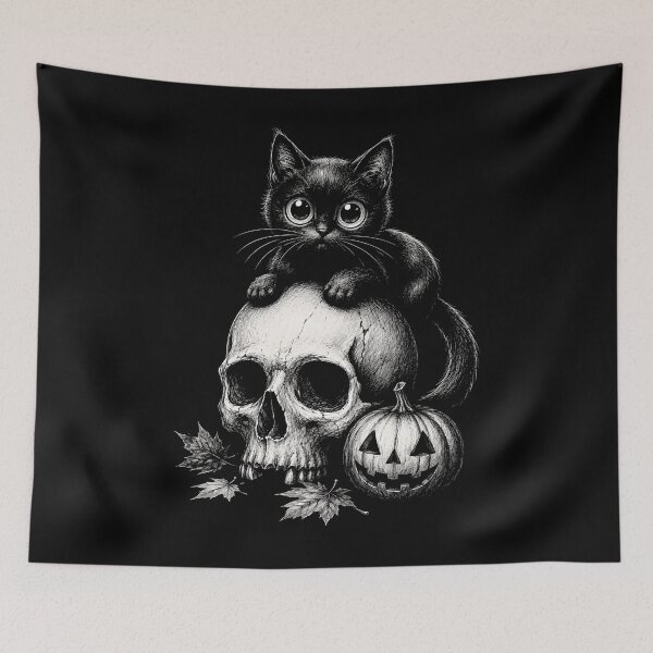Item preview, Cute black cat on skull with Halloween pumpkin designed and sold by rafaeltto.