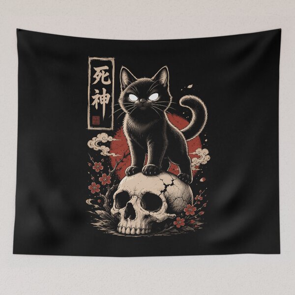 Item preview, Mystical black cat on skull with cherry blossoms art halloween designed and sold by rafaeltto.