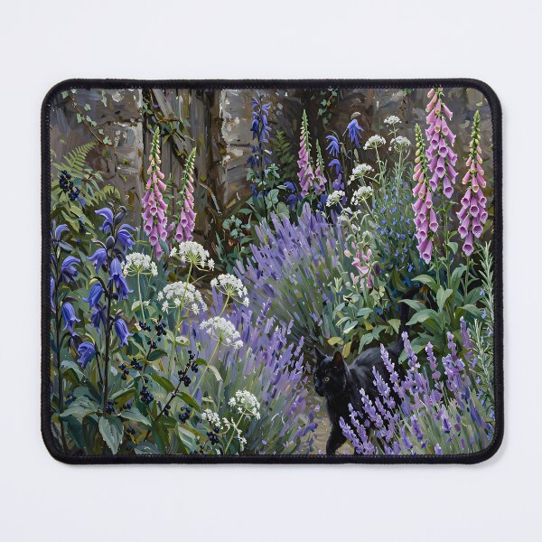 Item preview, Enchanted Cottage Garden with Black Cat, Lavender and Foxgloves Botanical Fantasy Art designed and sold by cr6zym1nd.