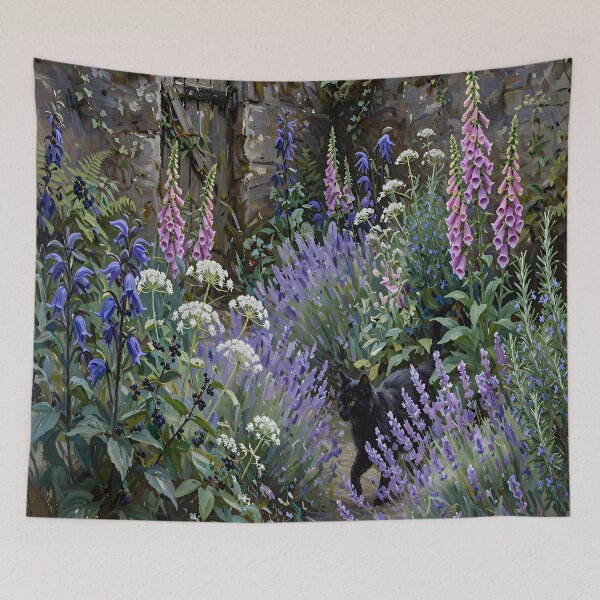 Item preview, Enchanted Cottage Garden with Black Cat, Lavender and Foxgloves Botanical Fantasy Art designed and sold by cr6zym1nd.