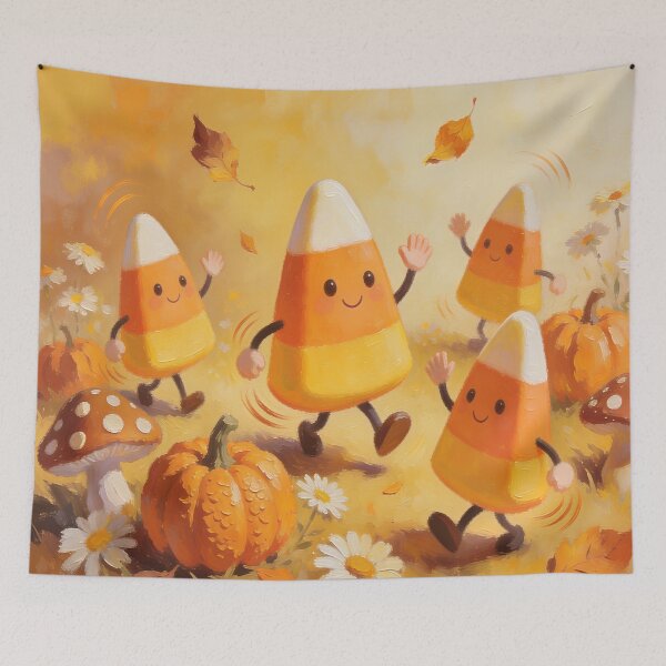 Item preview, Cute Candy Corn Halloween Friends Dancing with Pumpkins and Mushrooms Kawaii Autumn Art designed and sold by cr6zym1nd.