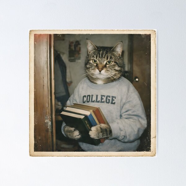 Item preview, College Student Cat Wall Art | Smart Feline Holding Books | Retro Photography Aesthetic Vintage Academic Print designed and sold by PaintedPixels01.