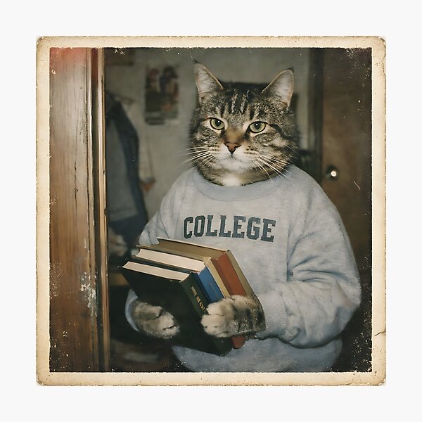 Item preview, College Student Cat Wall Art | Smart Feline Holding Books | Retro Photography Aesthetic Vintage Academic Print designed and sold by PaintedPixels01.