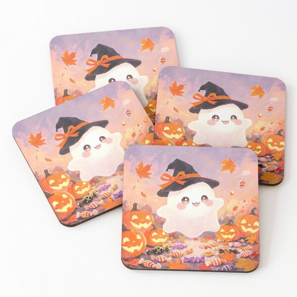 Item preview, Cute Kawaii Ghost Witch with Jack O Lantern Pumpkins and Halloween Candy Autumn Fantasy Art designed and sold by cr6zym1nd.