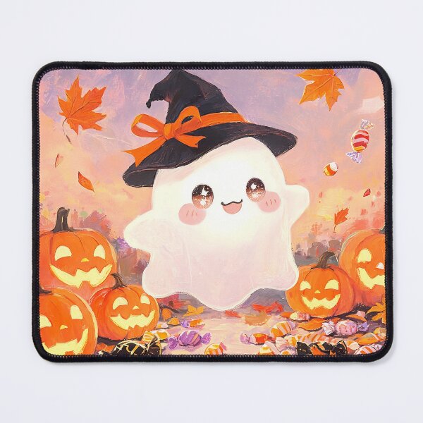 Item preview, Cute Kawaii Ghost Witch with Jack O Lantern Pumpkins and Halloween Candy Autumn Fantasy Art designed and sold by cr6zym1nd.