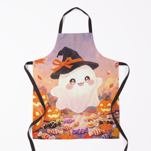 Item preview, Cute Kawaii Ghost Witch with Jack O Lantern Pumpkins and Halloween Candy Autumn Fantasy Art designed and sold by cr6zym1nd.