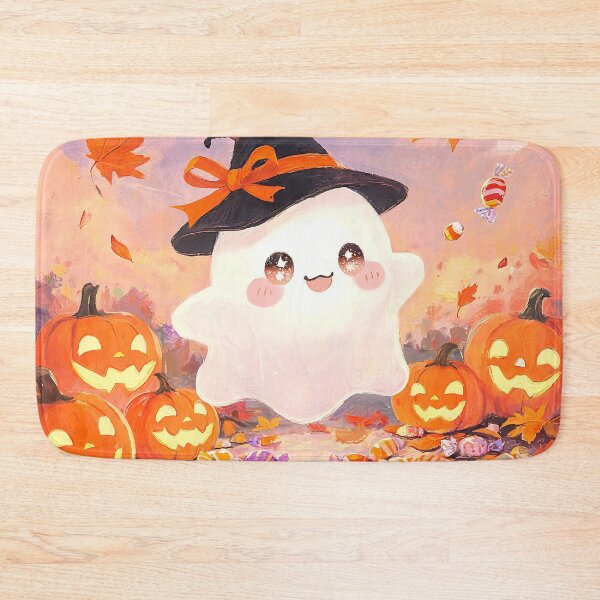 Item preview, Cute Kawaii Ghost Witch with Jack O Lantern Pumpkins and Halloween Candy Autumn Fantasy Art designed and sold by cr6zym1nd.