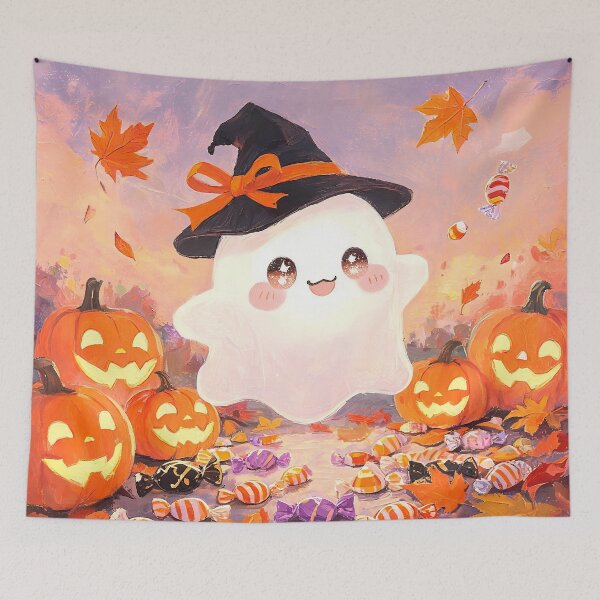Item preview, Cute Kawaii Ghost Witch with Jack O Lantern Pumpkins and Halloween Candy Autumn Fantasy Art designed and sold by cr6zym1nd.