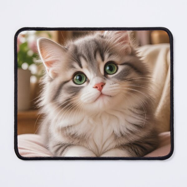 Item preview, Cute Fluffy Grey and White Cat with Bright Green Eyes Sitting on Cozy Cushion designed and sold by RecortShirt.