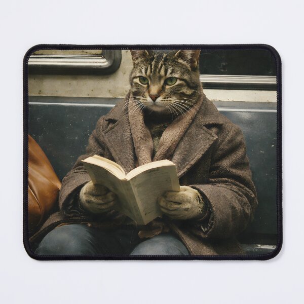 Item preview, Cat Reading a Book on the Subway Wall Art | Thoughtful Feline Commuter Portrait | Retro Photography Aesthetic Vintage Print designed and sold by PaintedPixels01.