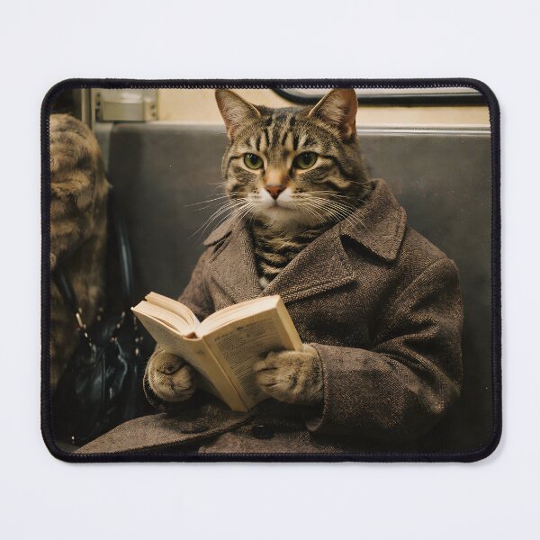 Item preview, Cat Reading a Book on the Subway Wall Art | Thoughtful Feline Commuter Portrait | Retro Photography Aesthetic Vintage Print designed and sold by PaintedPixels01.