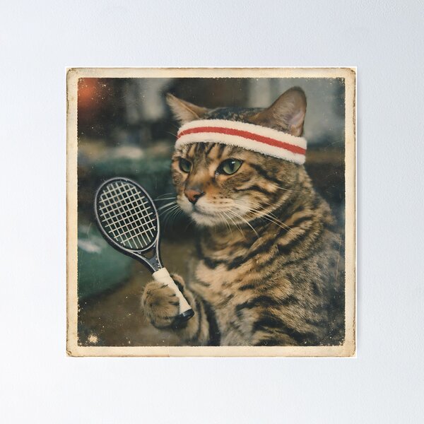 Item preview, Kitten Playing Badminton Wall Art | Adorable Athletic Cat Portrait | Retro Photography Aesthetic Vintage Sports Print designed and sold by PaintedPixels01.