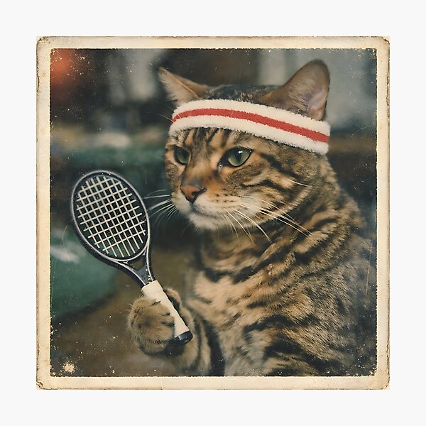 Item preview, Kitten Playing Badminton Wall Art | Adorable Athletic Cat Portrait | Retro Photography Aesthetic Vintage Sports Print designed and sold by PaintedPixels01.