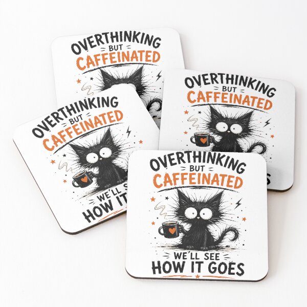 Item preview, Overthinking But Caffeinated - Funny Black Cat & Coffee designed and sold by Jaideep Walia.