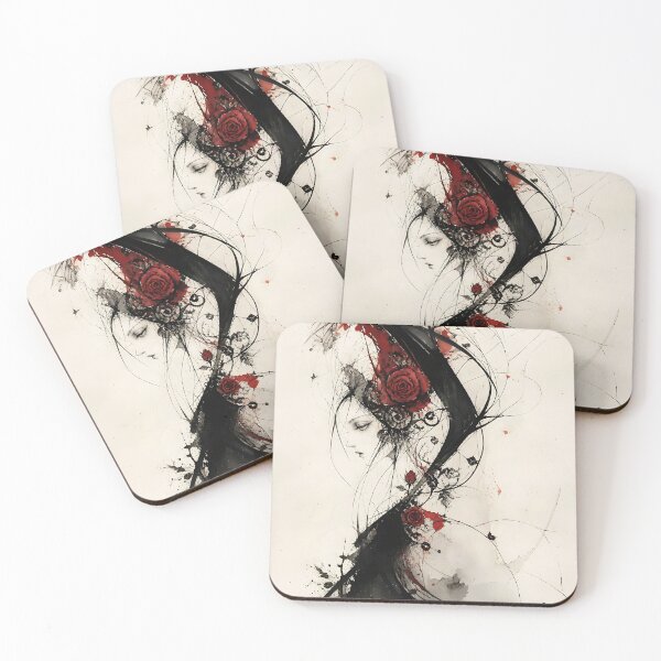 Item preview, Gothic Woman with Red Roses – Abstract Ink Portrait Art designed and sold by Marcu Ioachim.