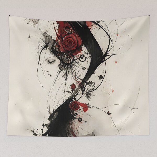 Item preview, Gothic Woman with Red Roses – Abstract Ink Portrait Art designed and sold by Marcu Ioachim.