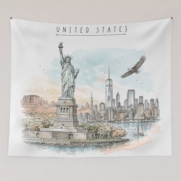Item preview, United States Landmarks Vintage Travel Poster Minimal Clean Watercolor Art designed and sold by Sketchbook Studio by Aqsaa.