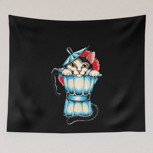 Item preview, Funny Cute Cat In Blue Moka Pot Coffee Lover Art Art designed and sold by elderberry.