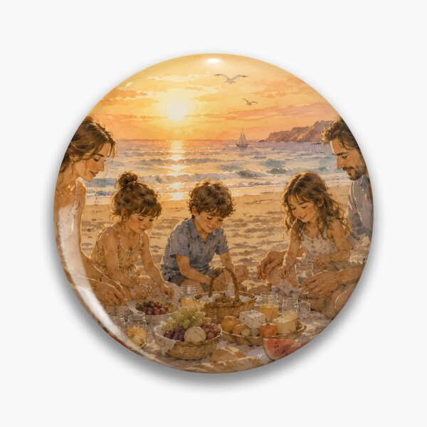 Artikelvorschau, Familienpicknick bei Sonnenuntergang am Meer – Warmes Sommerstrand-Aquarell entworfen und verkauft von NestDesigns01.
