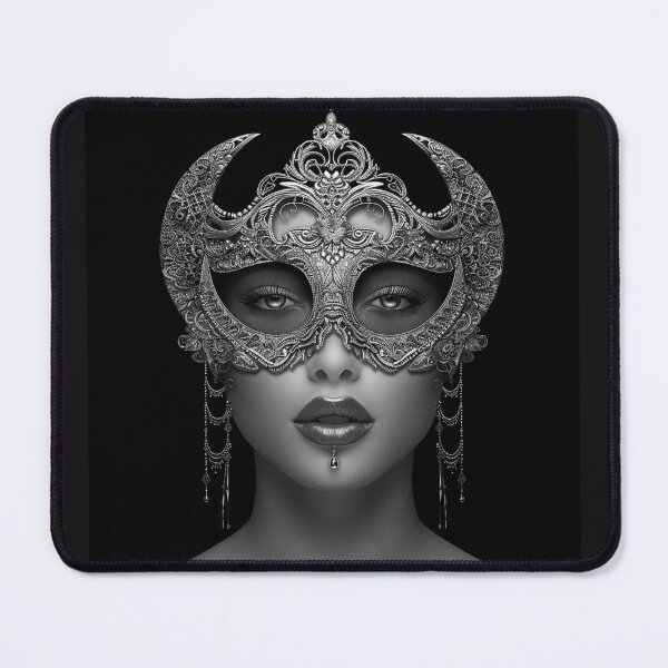 Item preview, Gothic Masquerade Woman with Crescent Moon Mask Monochrome Fantasy Portrait designed and sold by inkoutninja.