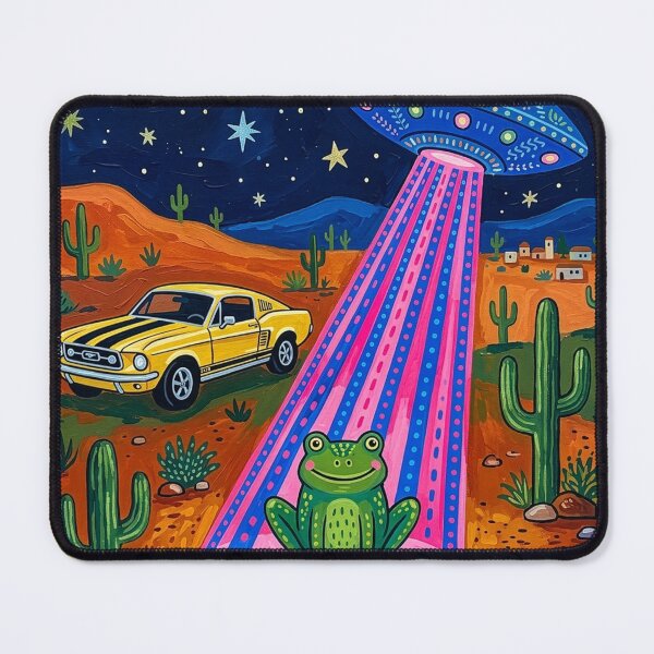 Item preview, Cosmic Frog Abduction – Retro Alien UFO Desert Art Print designed and sold by Artpeacepieces.