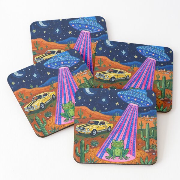 Item preview, Cosmic Frog Abduction – Retro Alien UFO Desert Art Print designed and sold by Artpeacepieces.
