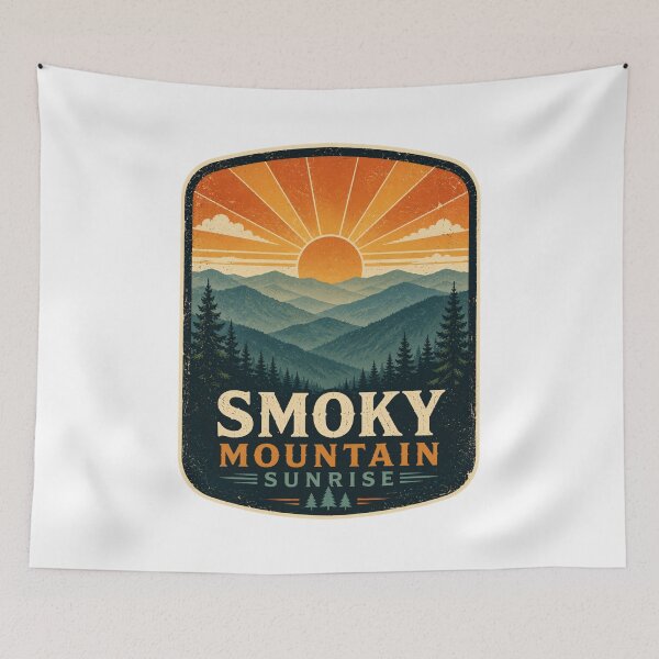 Item preview, Smoky Mountain Sunrise Retro Vintage Landscape | Distressed Screen Print Style Mountain Sunset Design designed and sold by Globalcitytees.