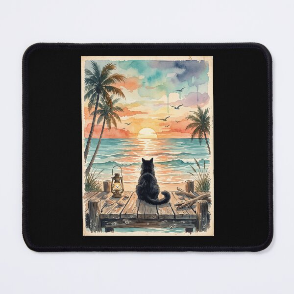 Item preview, Black Cat Ocean Sunset Coastal Art designed and sold by dudelinart.