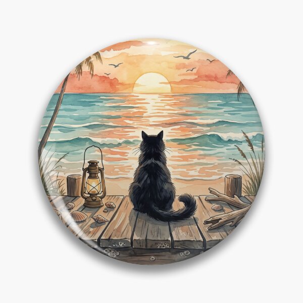 Item preview, Black Cat Ocean Sunset Coastal Art designed and sold by dudelinart.