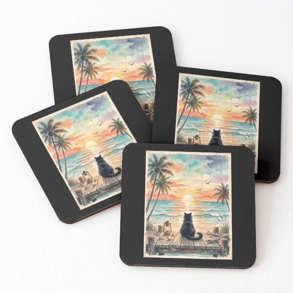 Item preview, Black Cat Ocean Sunset Coastal Art designed and sold by dudelinart.