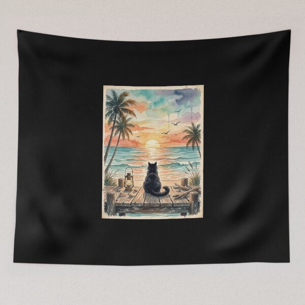 Item preview, Black Cat Ocean Sunset Coastal Art designed and sold by dudelinart.
