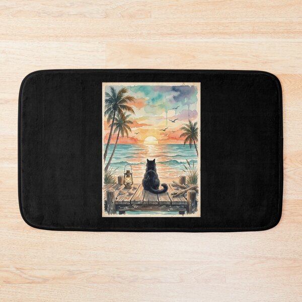 Item preview, Black Cat Ocean Sunset Coastal Art designed and sold by dudelinart.