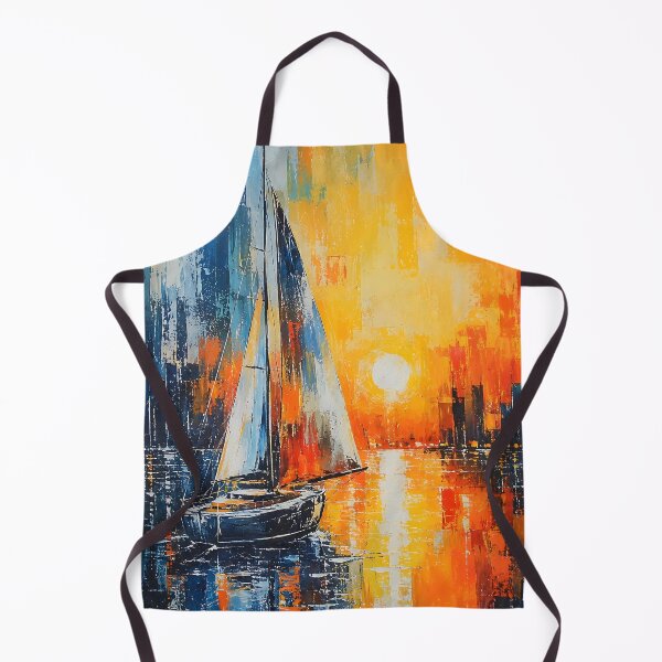 Item preview, Abstract Sailboat Sunset Oil Painting Print | Modern Impasto Yacht Canvas Wall Art | Colorful Nautical Sunset City Skyline Artwork | Coastal Living Room Canvas designed and sold by SergioMiklos.