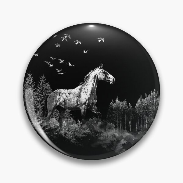 Item preview, Wild Horse in Forest with Flying Birds Monochrome Nature Art designed and sold by inkoutninja.