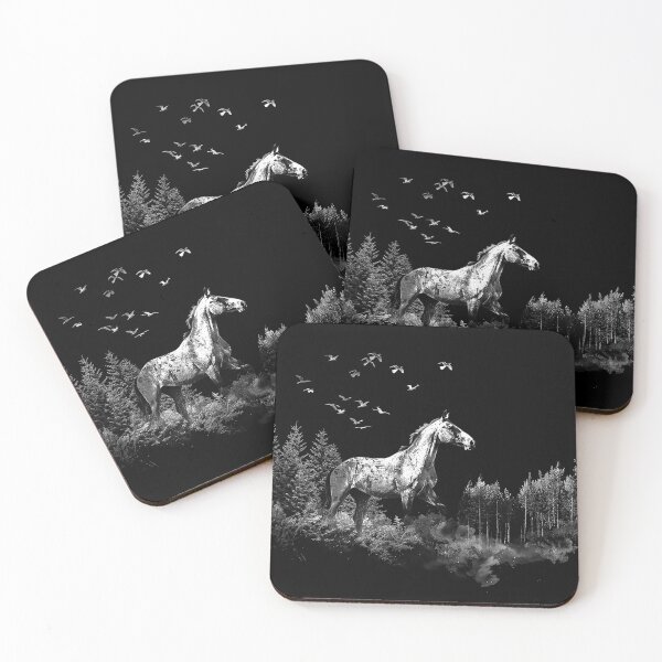Item preview, Wild Horse in Forest with Flying Birds Monochrome Nature Art designed and sold by inkoutninja.