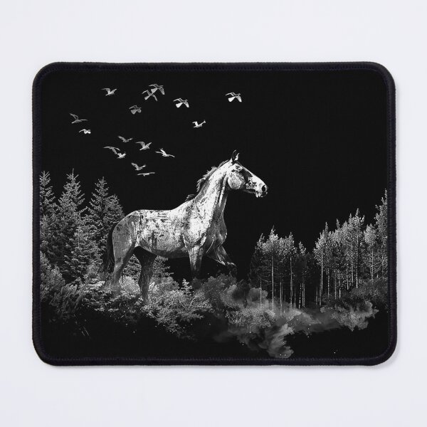 Item preview, Wild Horse in Forest with Flying Birds Monochrome Nature Art designed and sold by inkoutninja.