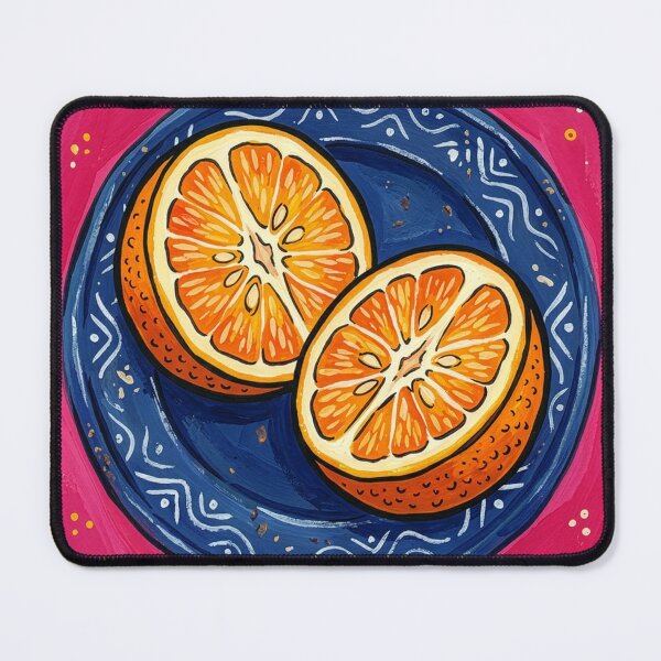 Item preview, Vibrant Orange Halves on Blue Plate – Retro Gouache Kitchen Art Print designed and sold by Artpeacepieces.