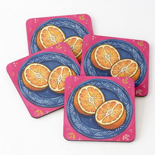Item preview, Vibrant Orange Halves on Blue Plate – Retro Gouache Kitchen Art Print designed and sold by Artpeacepieces.