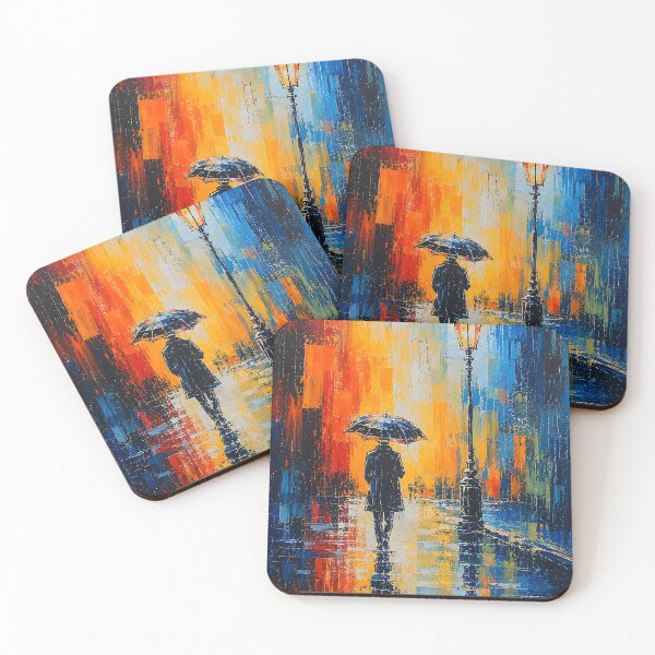 Item preview, Rainy City Street Oil Painting Print | Man with Umbrella Under Street Lamp Canvas | Colorful Impasto Urban Seascape Wall Art | Rainy Night Street Poster designed and sold by SergioMiklos.