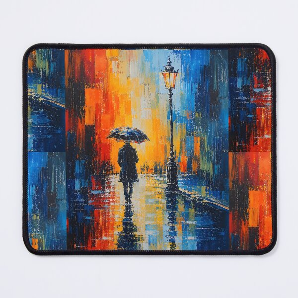 Item preview, Rainy City Street Oil Painting Print | Man with Umbrella Under Street Lamp Canvas | Colorful Impasto Urban Seascape Wall Art | Rainy Night Street Poster designed and sold by SergioMiklos.