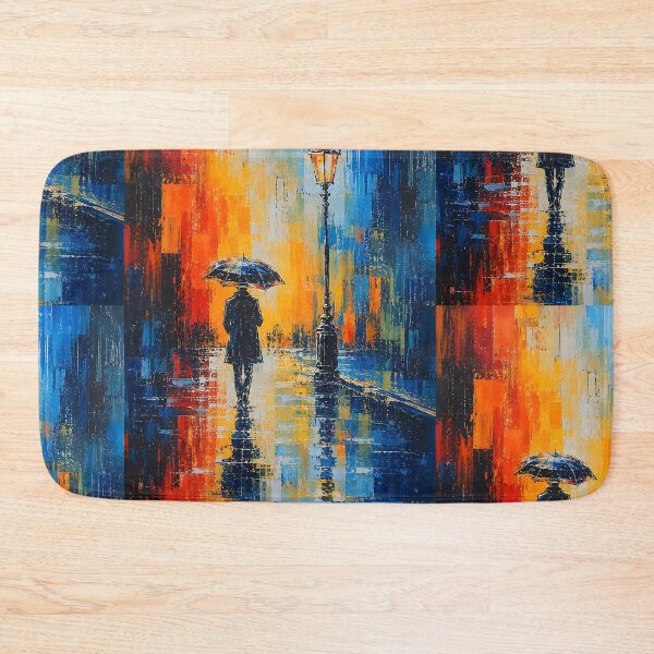 Item preview, Rainy City Street Oil Painting Print | Man with Umbrella Under Street Lamp Canvas | Colorful Impasto Urban Seascape Wall Art | Rainy Night Street Poster designed and sold by SergioMiklos.