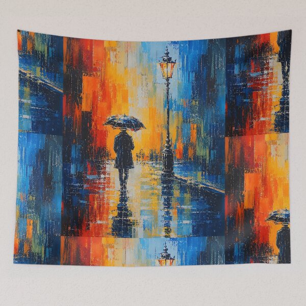 Item preview, Rainy City Street Oil Painting Print | Man with Umbrella Under Street Lamp Canvas | Colorful Impasto Urban Seascape Wall Art | Rainy Night Street Poster designed and sold by SergioMiklos.