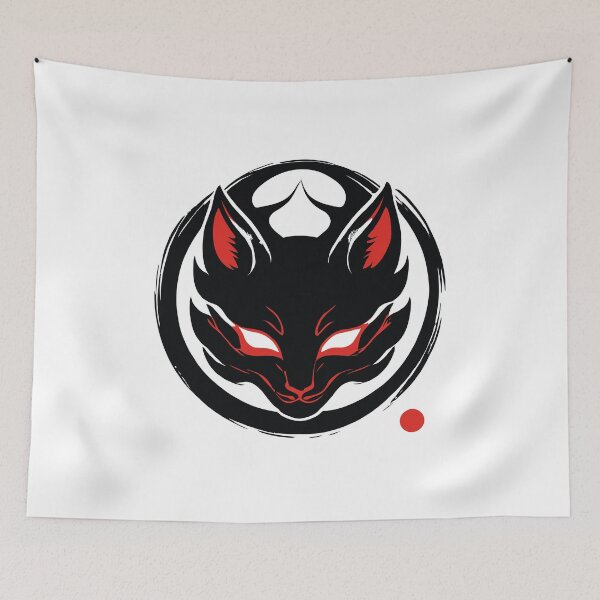 Item preview, Minimalist Japanese Kitsune Fox Mask Enso Circle - Red Black Ink Sumi-e Art designed and sold by Kooki Designs.