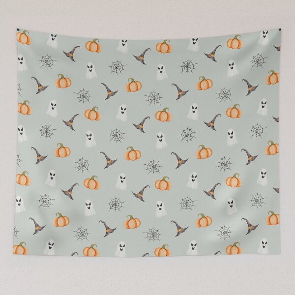 Item preview, Cute Watercolor Pumpkins Ghosts and Witch Hats Sage Green Pattern designed and sold by svitlaarty.