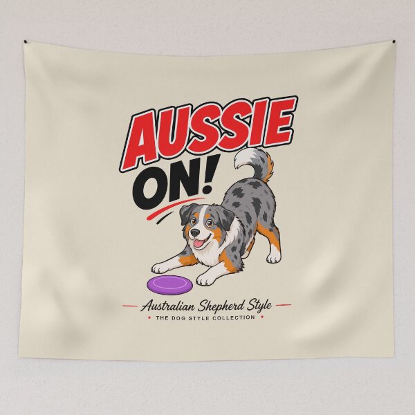 Item preview, Aussie On! Playful Australian Shepherd Frisbee Dog designed and sold by Stef Ringoot, cartoons and illustrations.