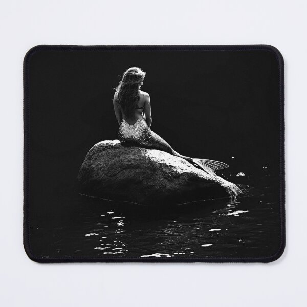 Item preview, Mermaid on a Moonlit Rock Monochrome Ocean Fantasy Art designed and sold by inkoutninja.