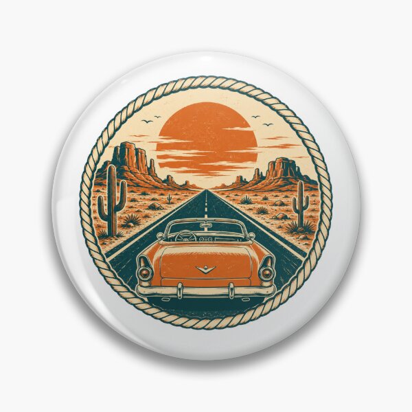 Item preview, Vintage Desert Highway Convertible Sunset Badge designed and sold by Piising.