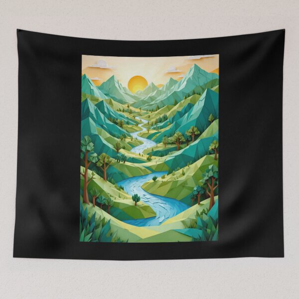 Item preview, Cute Low Poly Geometric Mountain River Valley Landscape designed and sold by AmetheaVex.