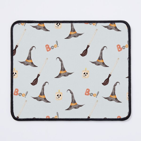 Item preview, Cute Watercolor Witch Hat and Magic Broom Light Grey Halloween Pattern designed and sold by svitlaarty.