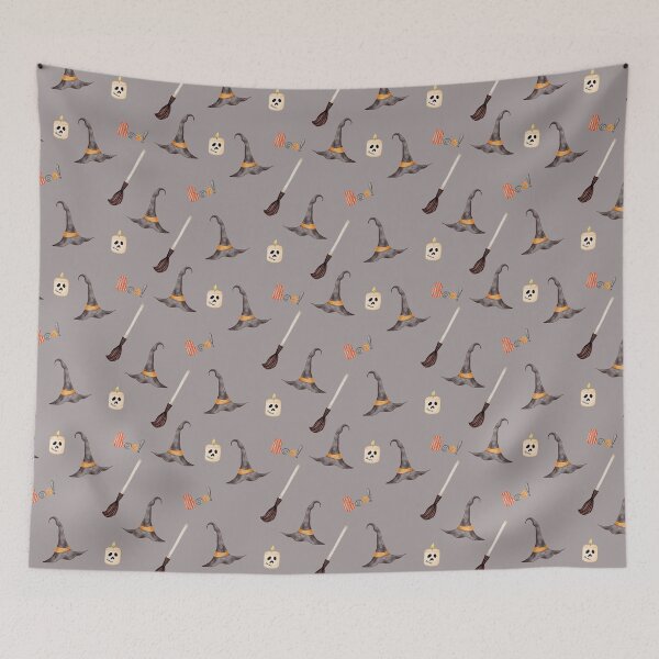 Item preview, Cute Watercolor Witch Hat and Magic Broom Taupe Halloween Pattern designed and sold by svitlaarty.